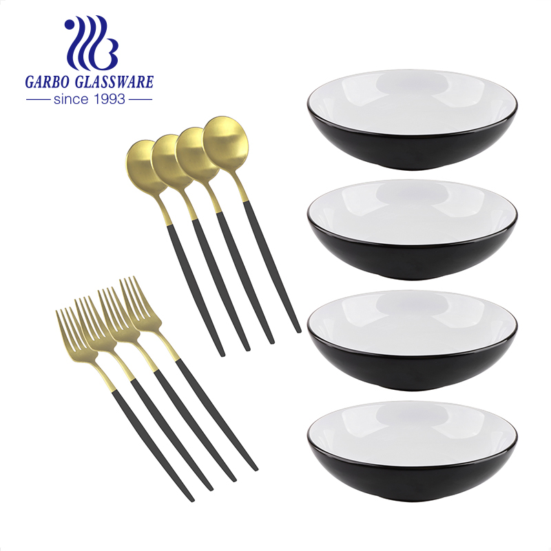 1000ml Opal Glass Bowl Cup Dinner Spoon Tableware Set Black Opal Dinnerware with Hot Selling Tranparent Glass Cup Tumbler in Wholesale