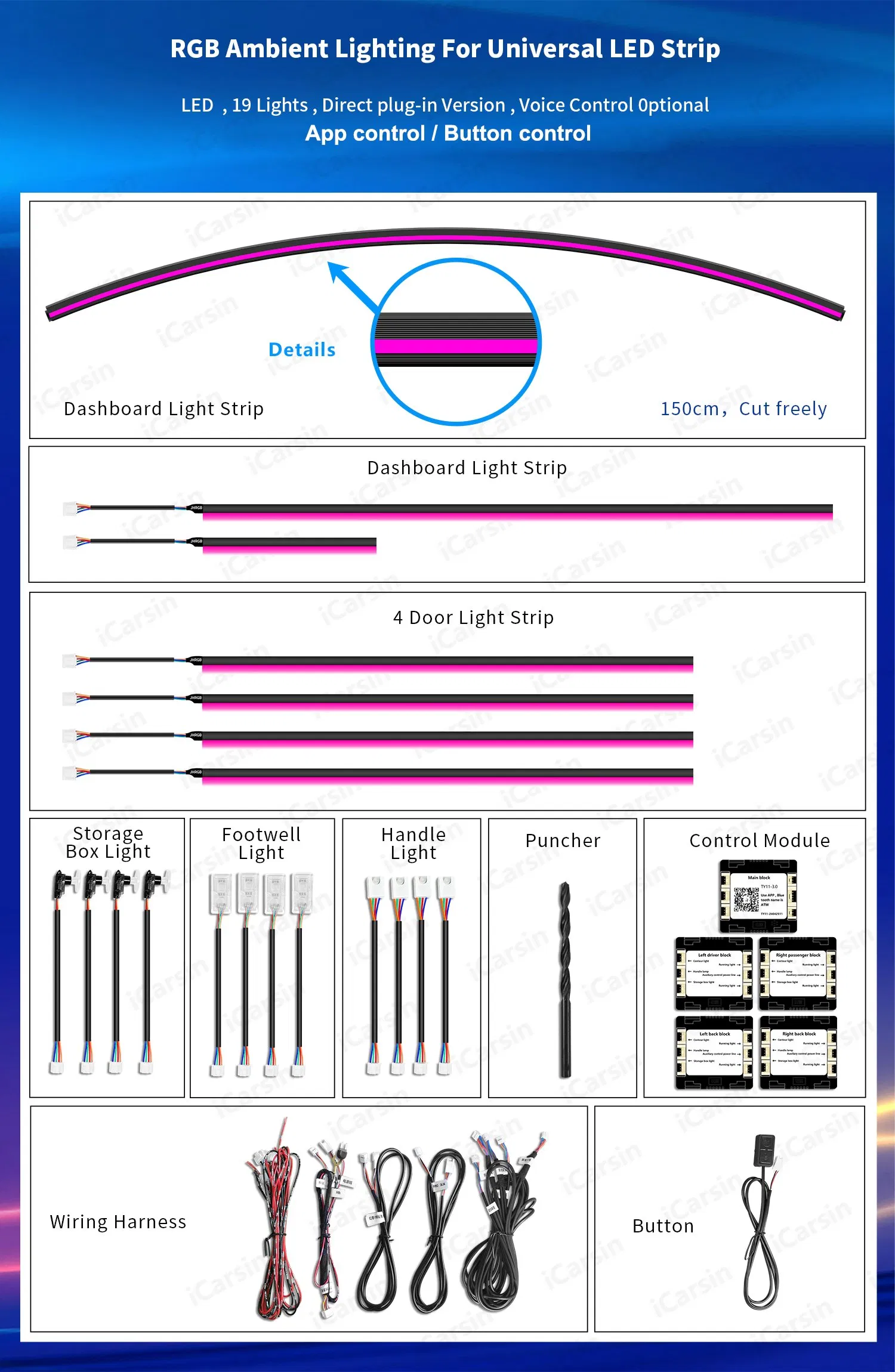 Universal 150cm Ambient Light Dashboard Surrounding Strip Lights