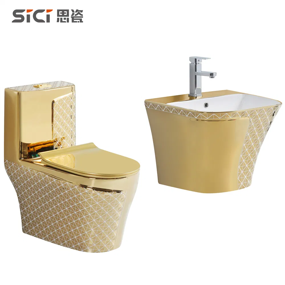 Sanitary Ware Luxury Design Bathroom One Piece Toilet Siphoinc Flushing Golden Toilet