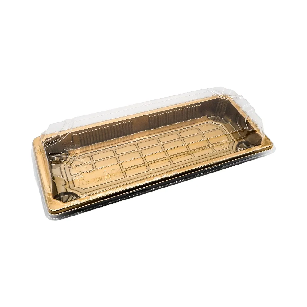 Food Grade High Quality Gold Sushi Food Packaging Disposable Leakproof Rectangular Food Container Plastic Takeaway Sushi Tray with Lid