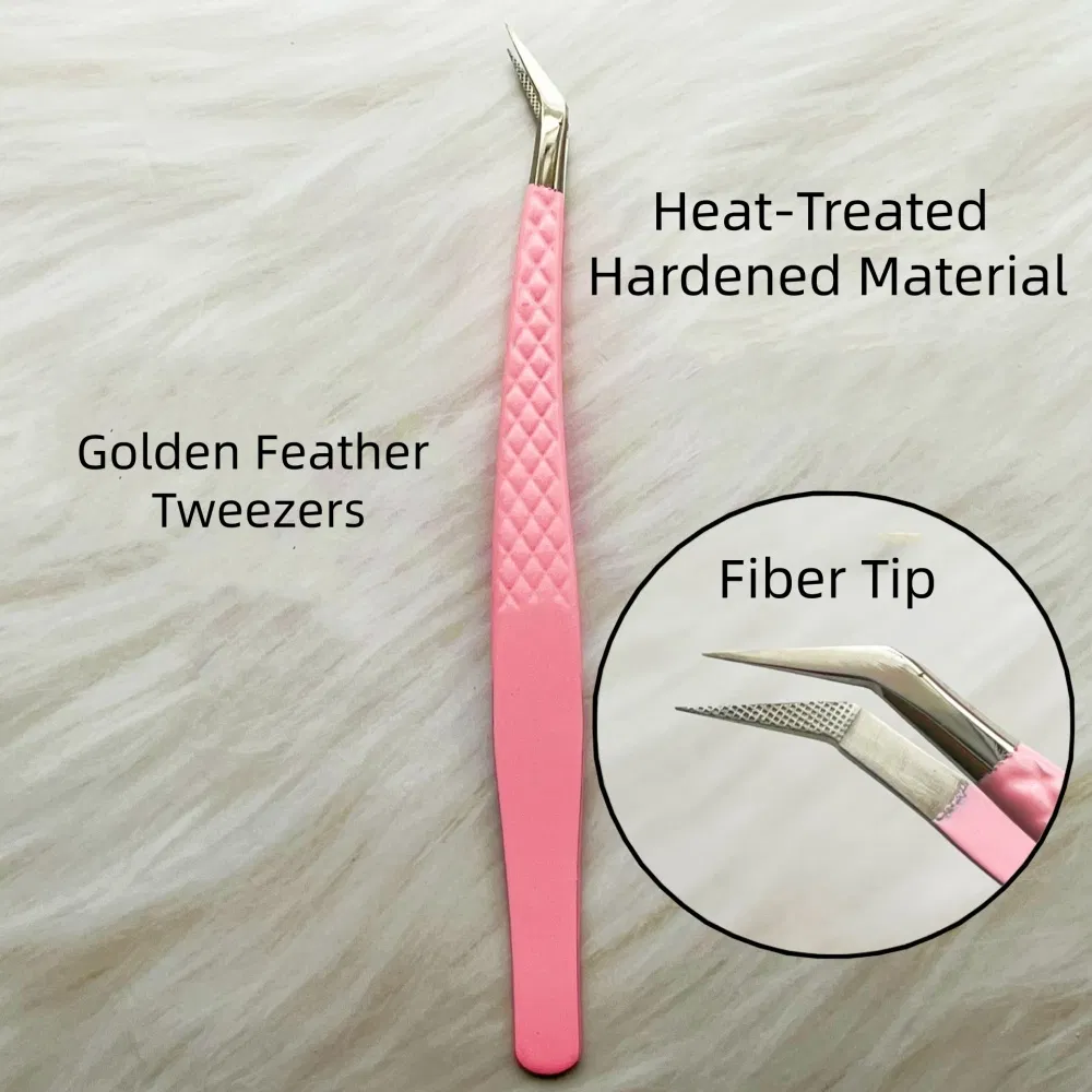 Professional Sharp Angled Curved Slanted Pink Fiber Tip Lash Eyelash Extension Tweezers
