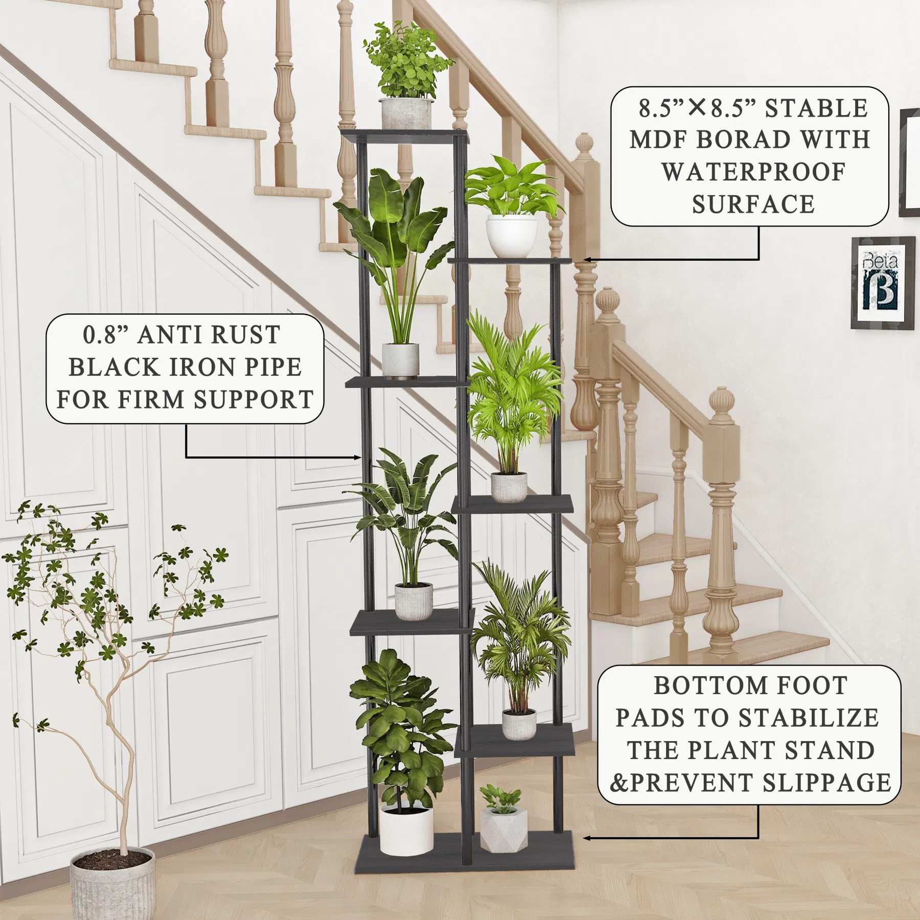 7 Tier Indoor Corner Steel Wood Black Plant Shelf Flower Stand