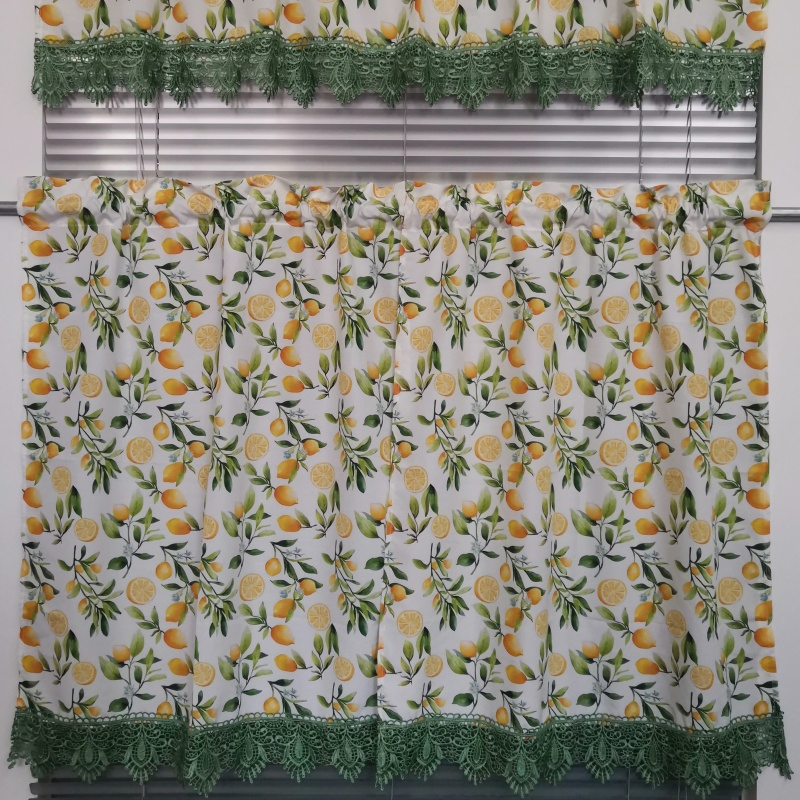 Digital Printed Polyester Kitchen Curtain Set with Lemon Fruit Pattern and Green Lace Trim