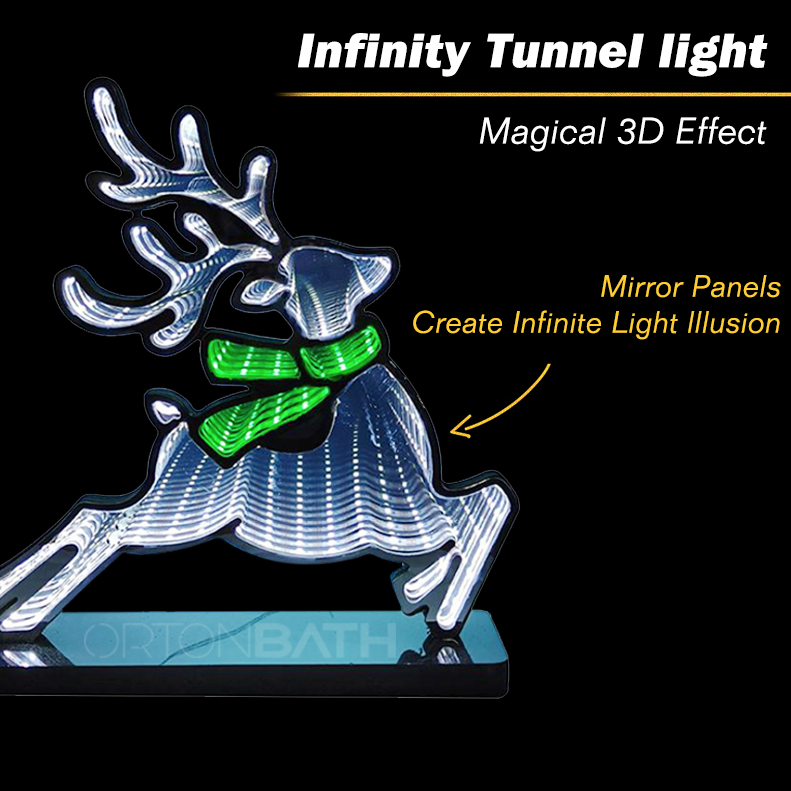 Ortonbath Santa Infinity Deer Mirror Light with Stand,LED Christmas Decoration - USB-Powered - Santa Claus 3D LED Infinity Light - Indoor Seasonal Holiday Decor