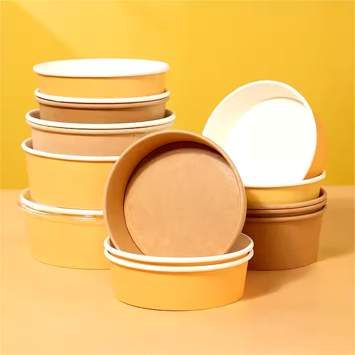 Ecofriendly Disposable Custom Logo Printing Kraft Paper Bowl with Paper PP Lid Factory Manufacturer