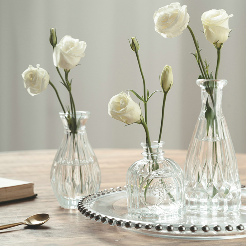 Mini Glass Vase Ins Style French Desktop Flower Arrangement Light Luxury Relief Small Transparent Caliber