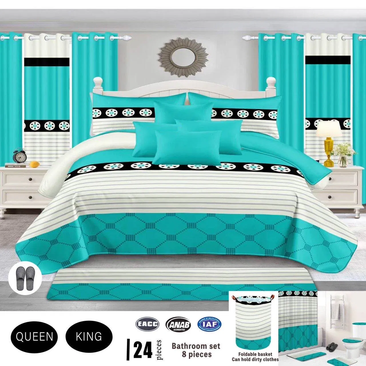 Bathroom 8PCS Suite Printed Quilted Bedding Set Black Polyester Home Hotel Textile 24-Pieces ODM Pillowcases Bedspread with Curtain Supplier