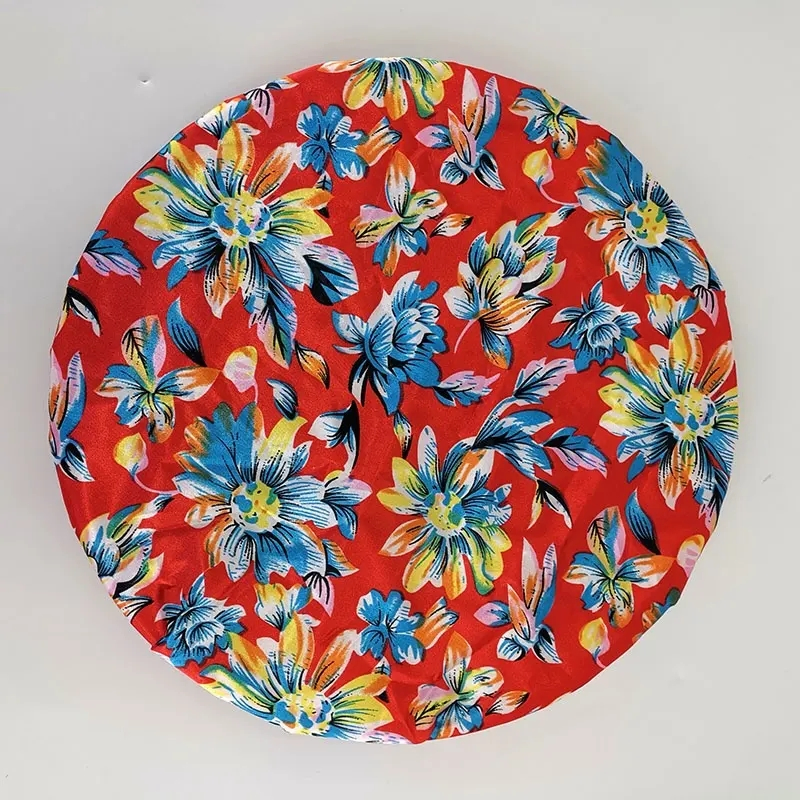 Popular Red Flower Printing Big Size Double Layer Bath Shower Cap