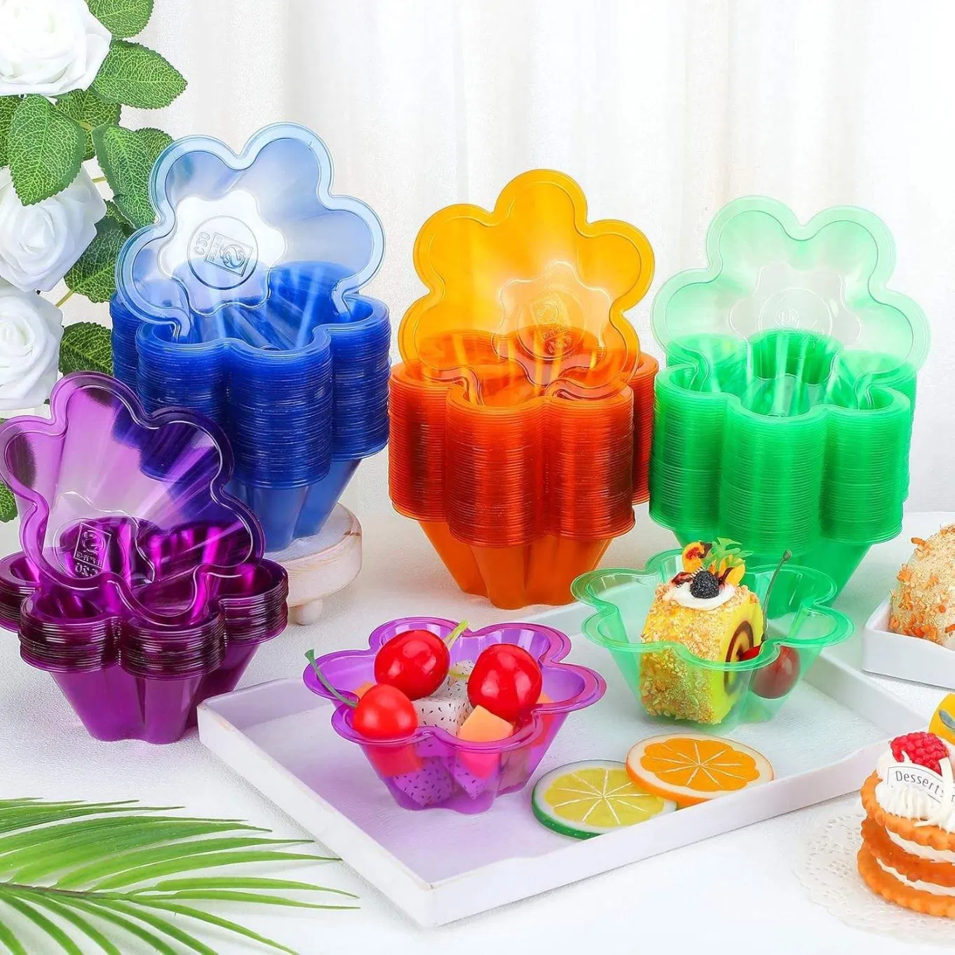 Disposable Pet Hexagonal/Heptagonal Flower Bowl Salad Container Transparent Plastic Snow Ice Rain Takeaway Salad Dessert Cups Various Colors