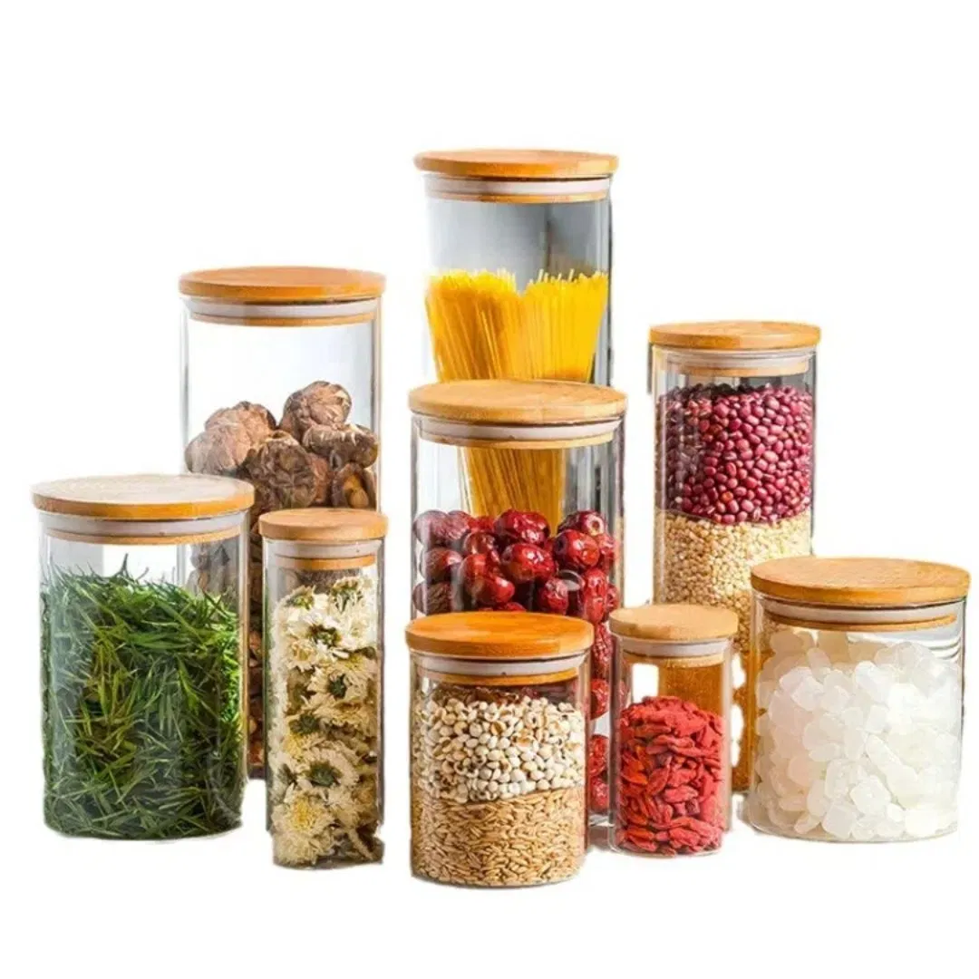 High Borosilicate Glass Sealed Jar Household Tea Candy Jar Kitchen Storage Multigrain Storage Bottle with Wood Covered