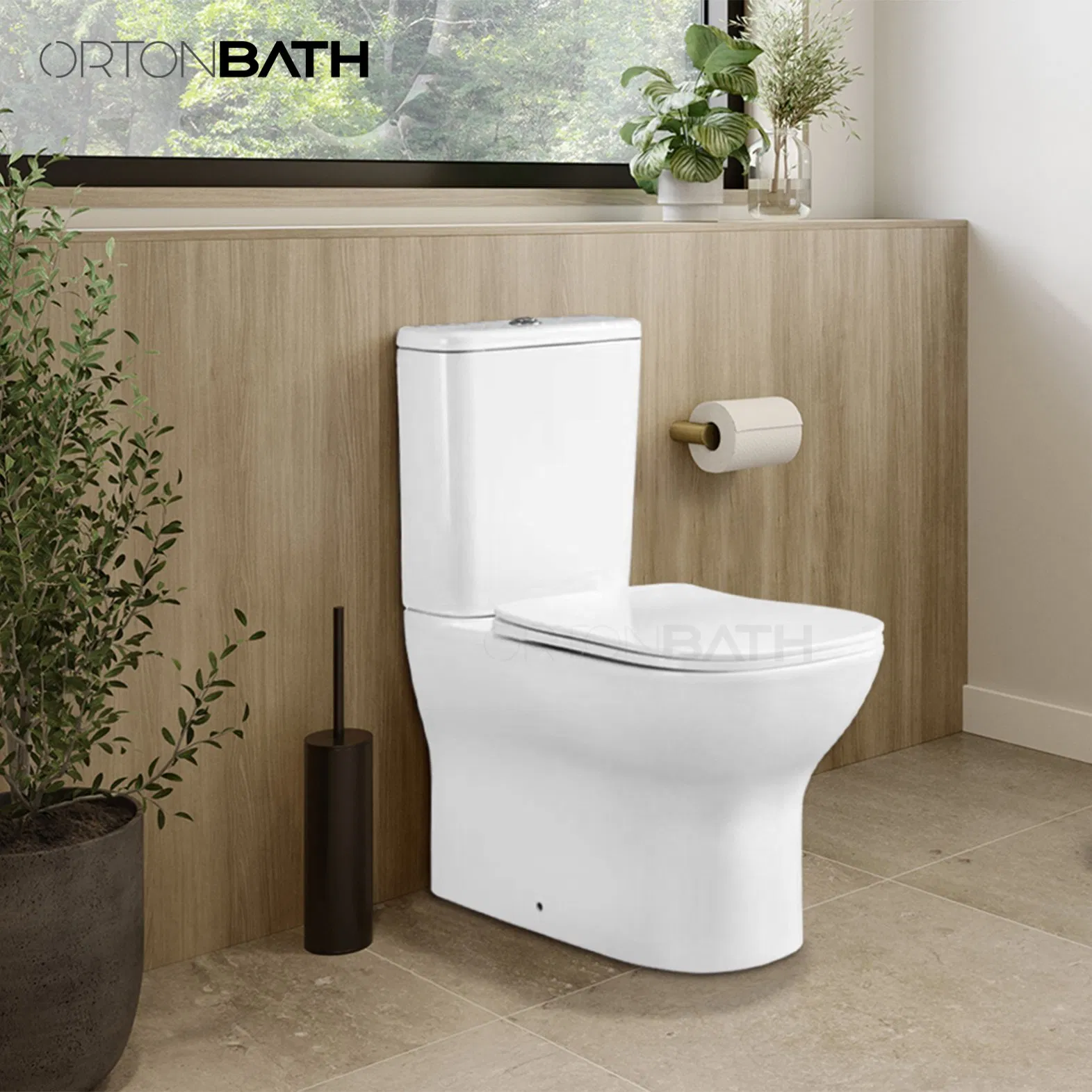 Ortonbath Rimless Fully Back to Wall Two Piece Ceramica Toilet Sanitary Ware Close Coupled Toilet Bowl Seat P Trap Toilet with Soft Close Seat