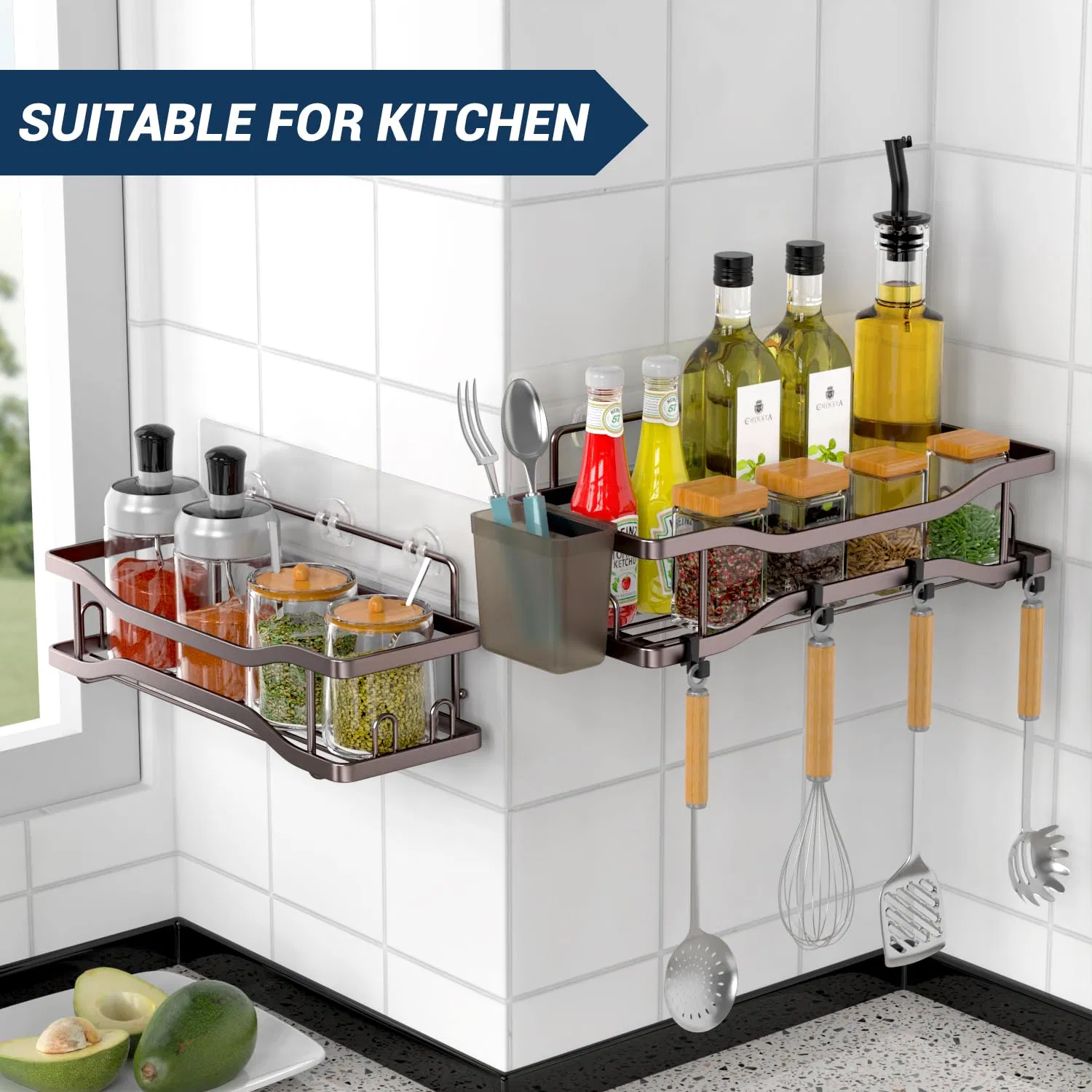 Hot Sale Bathroom Organizer Adhesive Shelves Hooks Stainless Steel Storage Bathtub Rack