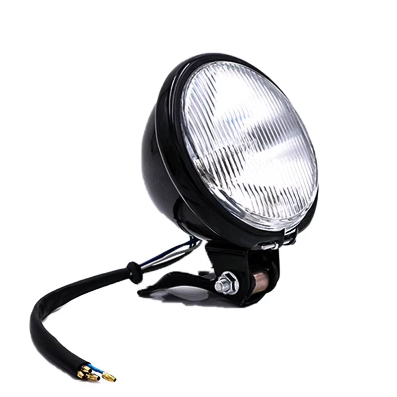 Ретро фара для мотоцикла Vintage Motorcycle, черная, желтое стекло