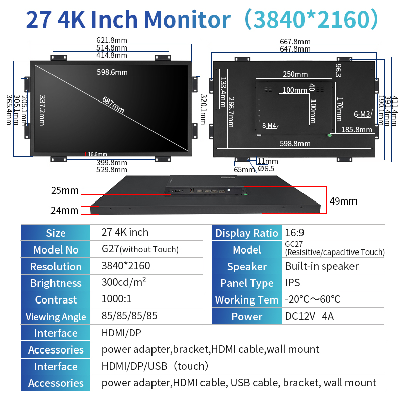 4K Monitor 27 Inch 3840*1080 Industrial Monitor Display