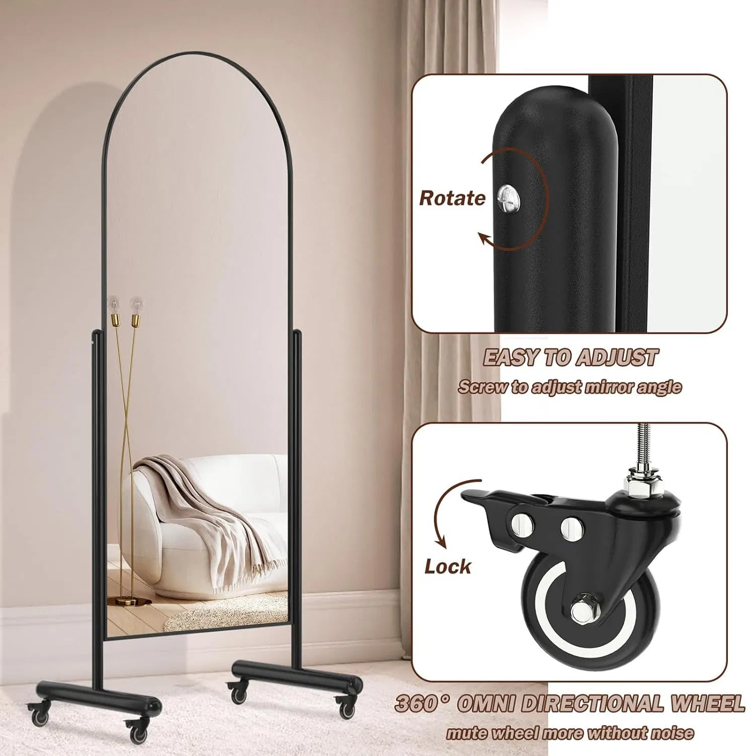 360° Swivel Adjustable Full Length Mirror with Wheels, Aluminum Frame Standing Full Body Mirror for Bedroom, Black