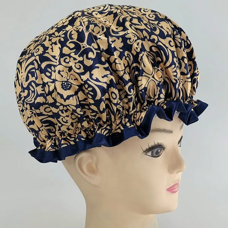 High Quality Satin Fabric Double Layer Water-Proof Reusable Shower Caps for Bathing