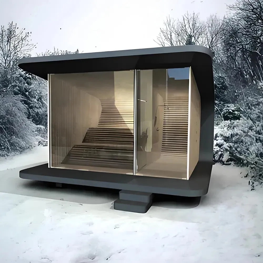 Готовая сауна для улицы с панорамным стеклом