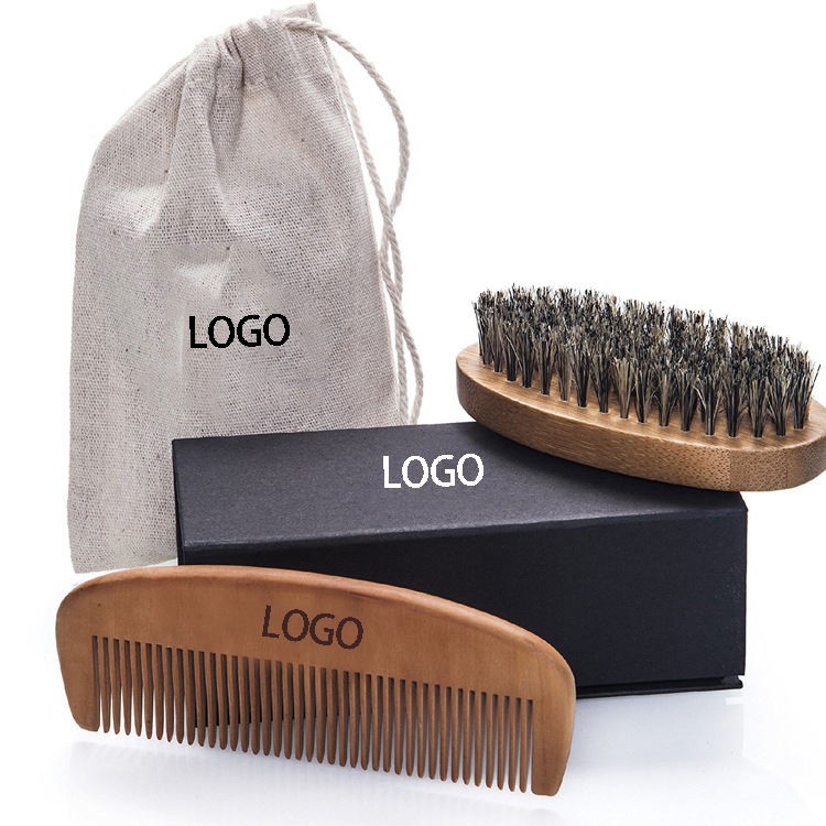 Custom Logo Professional Beard Brush and Comb Set Beard & Mustache Combs Men Boar Bristle Beard Brush and Comb Set