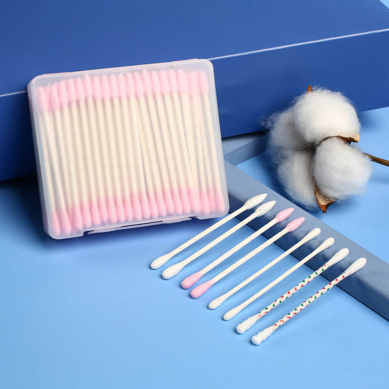 Double-Clasp Frosted Box Containing Double-Ended Cotton Swabs with Paper or Bamboo Sticks.