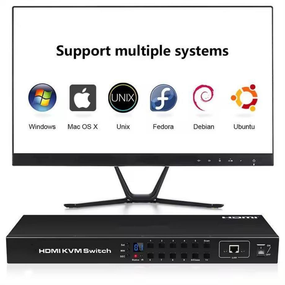 HDMI Kvm Switch 8 Port 8X1 USB 2.0 LED Video Switcher 1u Rackmount RS232 LAN Hotkey EDID 4K60Hz Kvm Switch