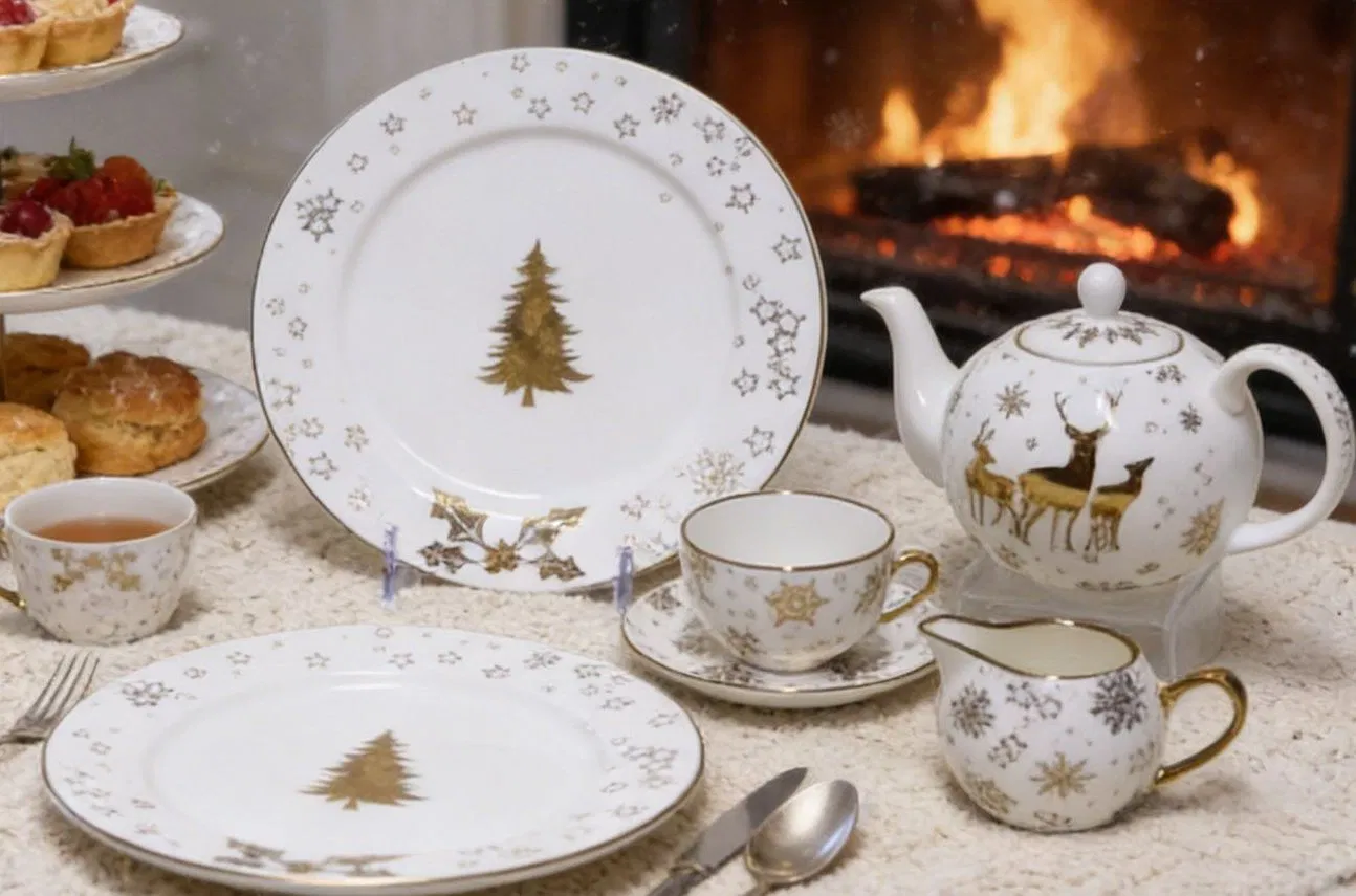 Flashing Decal Christmas Dinner Set, Ceramic Tableware for Home Dinning, New Bone China