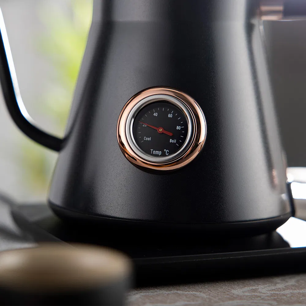 Black Matte Elegant Electric Pour Over Tea Coffee Kettle 0.8L Gooseneck Kettle with Temperature Gauge