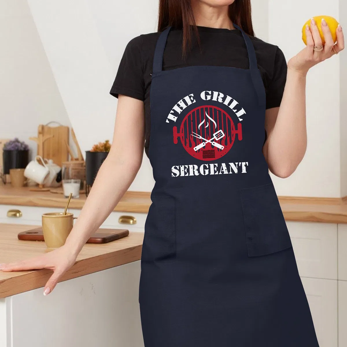 Kitchen Apron, Navy Blue with Hot Stamping, Anti-Stain and Wear-Resistant, Outdoor Barbecue, Party Apron