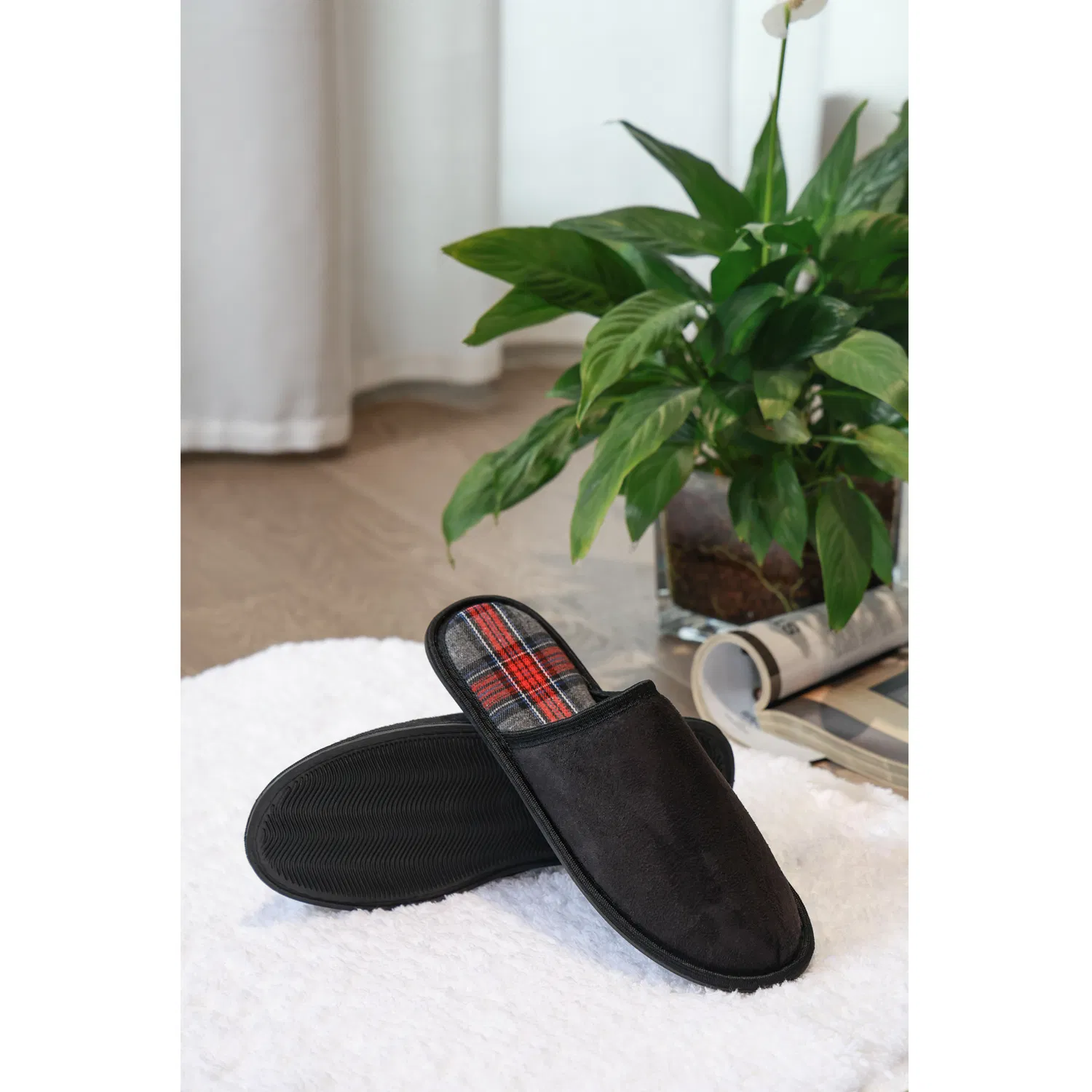 Black TPR Sole Slippers - Suede Outer with Nap Fabric Interior