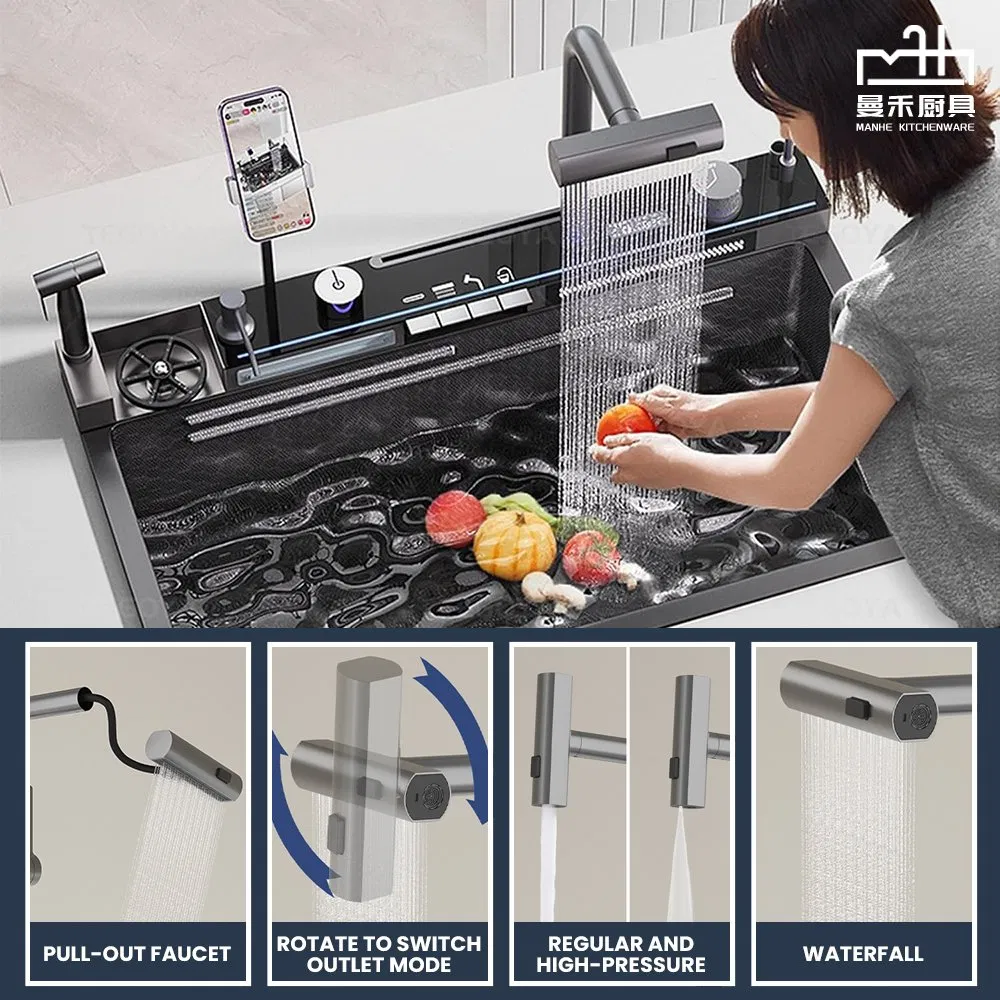 Waterfall Multifunctional Smart Kitchen Sink with Phone Holder and Spray Gun