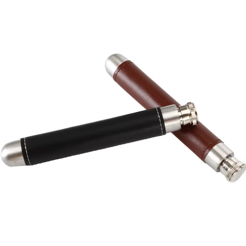 45ml Stainless Steel Hip Flask Pocket Cigar Wine Tube with Leather Sleeve