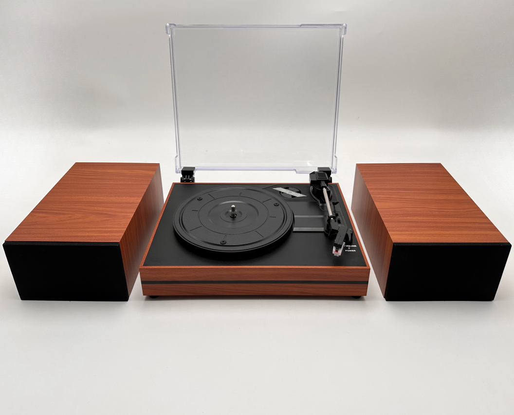 Phonograph 2 External Speakers Belt-Drive Turntable Wooden Record Player Support 3 Speed