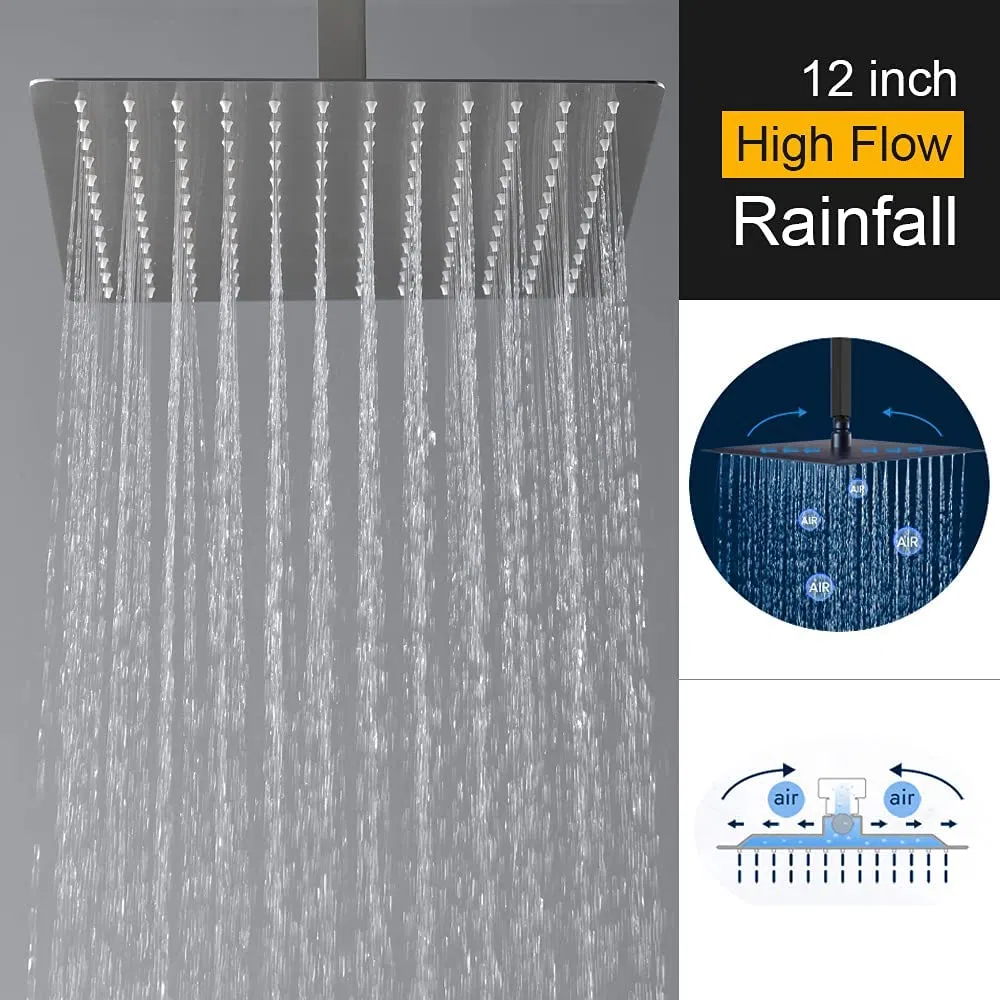 Luxury Shower Set with Waterfall Tub Spout - 12 Inch Ceiling Rain Shower Head and Handhled Spray, Bathtub Combo, Thermostatic Valve Can Use All Faucet Set