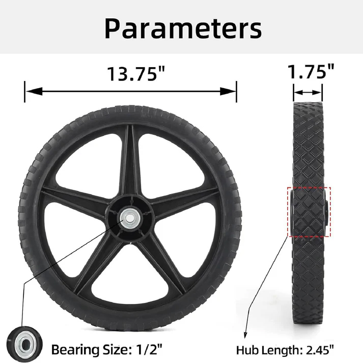 14 X 1.75'' Plastic Wheel and Tire for Lawnmower Trolley Dolly Wheel Replacement