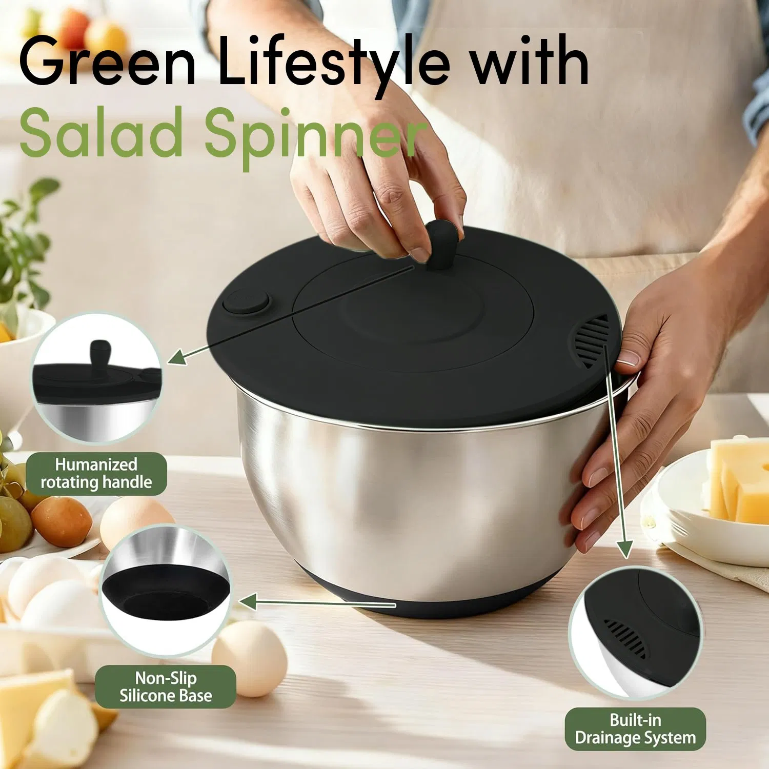 BPA Free Non Slip Stainless Steel 304 4L Multifunction Stainless Steel Salad Spinner with Grater Egg Tray for Home Kitchen Salad