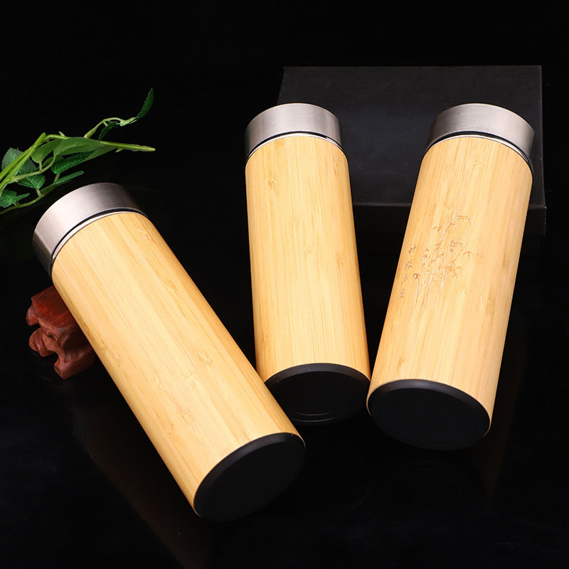 Bamboo Water Cup Vacuum Flask Water Bottle with Strainer Lid
