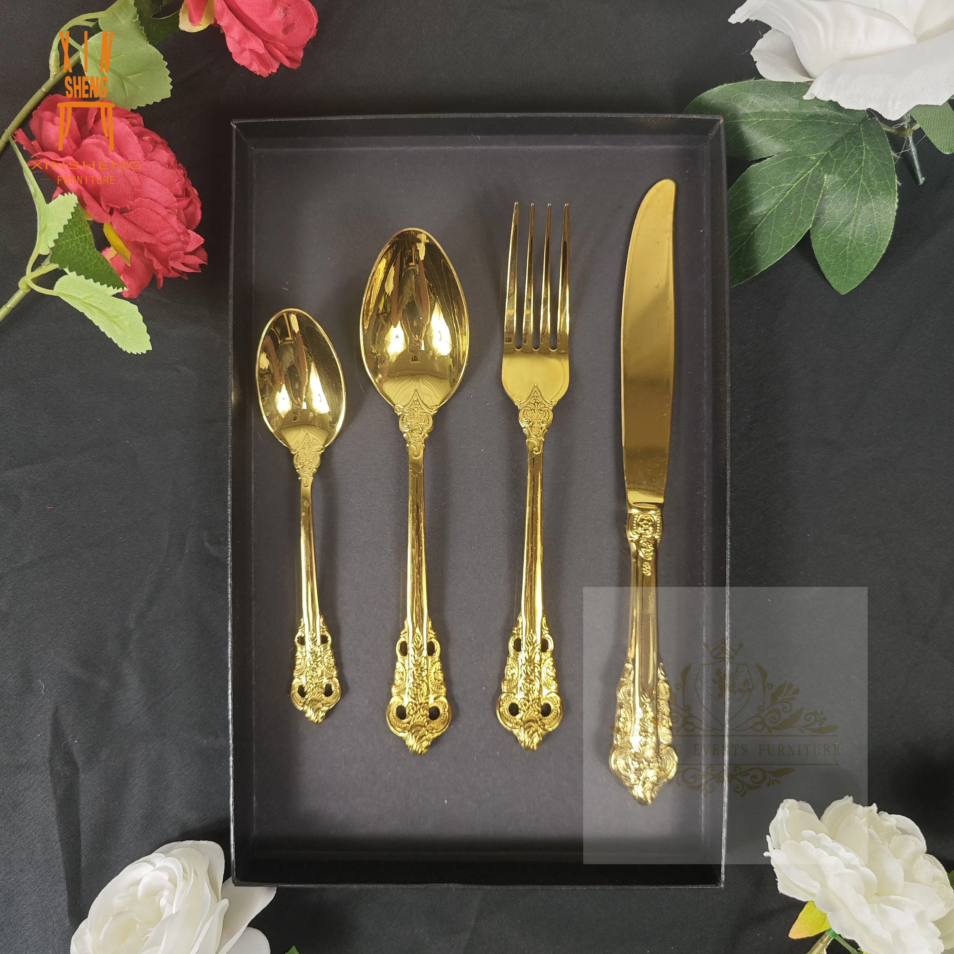 High Quality Royal Knife Fork Spoon Gold Luxury Vintage Cutlery Set with Gift Box for Wedding Party