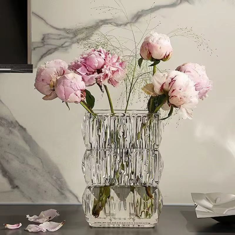 Clear Crystal Glass Vase Hydroponic Flower Pots Desk Decoration Artificial Flower Decorative Floral Arrangement Square Vases