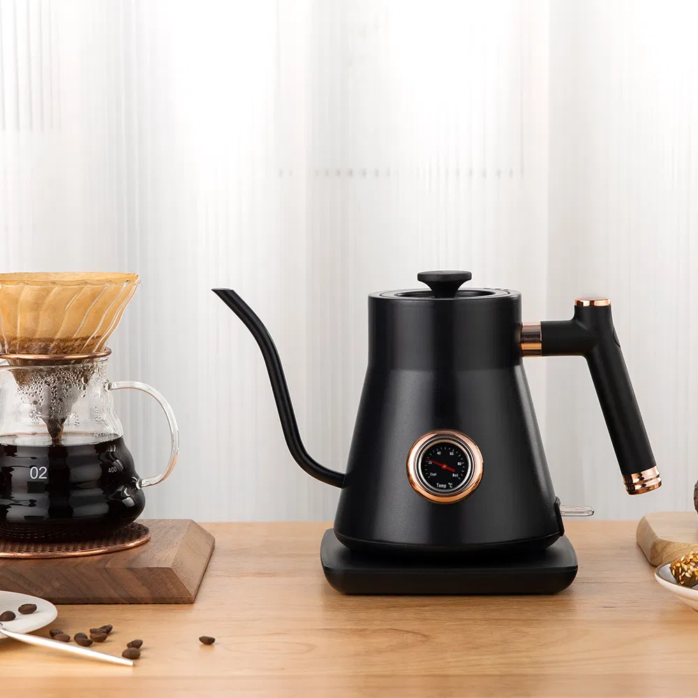 Black Matte Elegant Electric Pour Over Tea Coffee Kettle 0.8L Gooseneck Kettle with Temperature Gauge