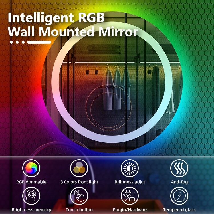 Customizable Color Temperature Adjustment Modern Round Wall Mounted Smart Mirror with LED Light