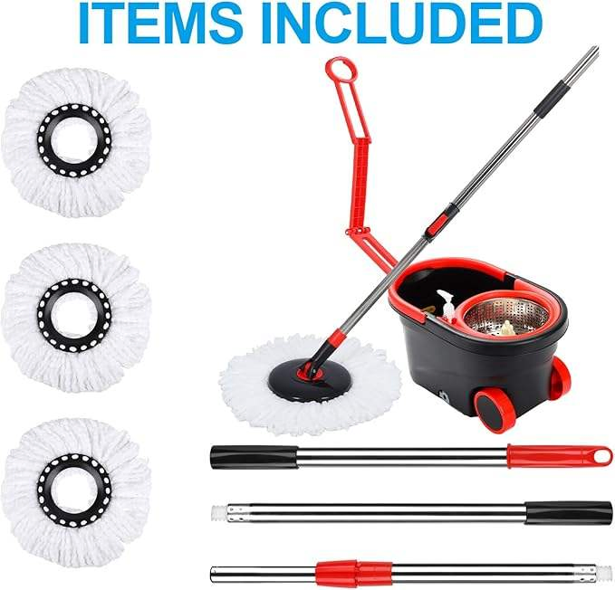 Microfiber for Spin Mop Replacement Head with Easy Indoor Cleaning Plastic Basket and Steel Pole Telescopic Handle Mop