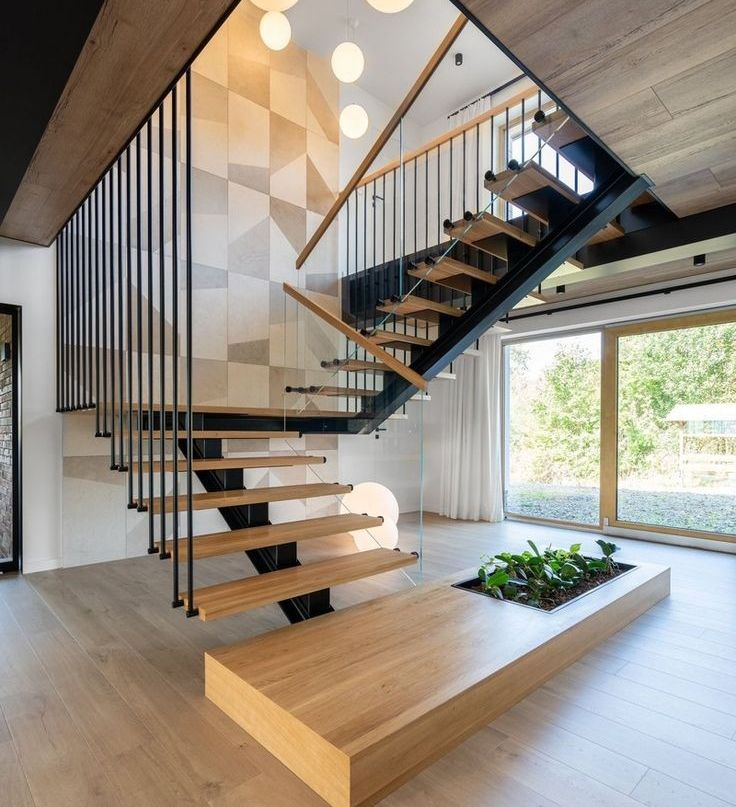 Black Powder Coated Mono Stringer Metal Straight Staircase Modern Indoor Steel Wooden Staircase with Glass Railing