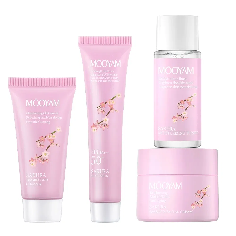 Private Label Sakura Travel Kit Moisturizing Whitening Facial Toner Cream Shrink Pores Oil Control Brightening Skin Care Set