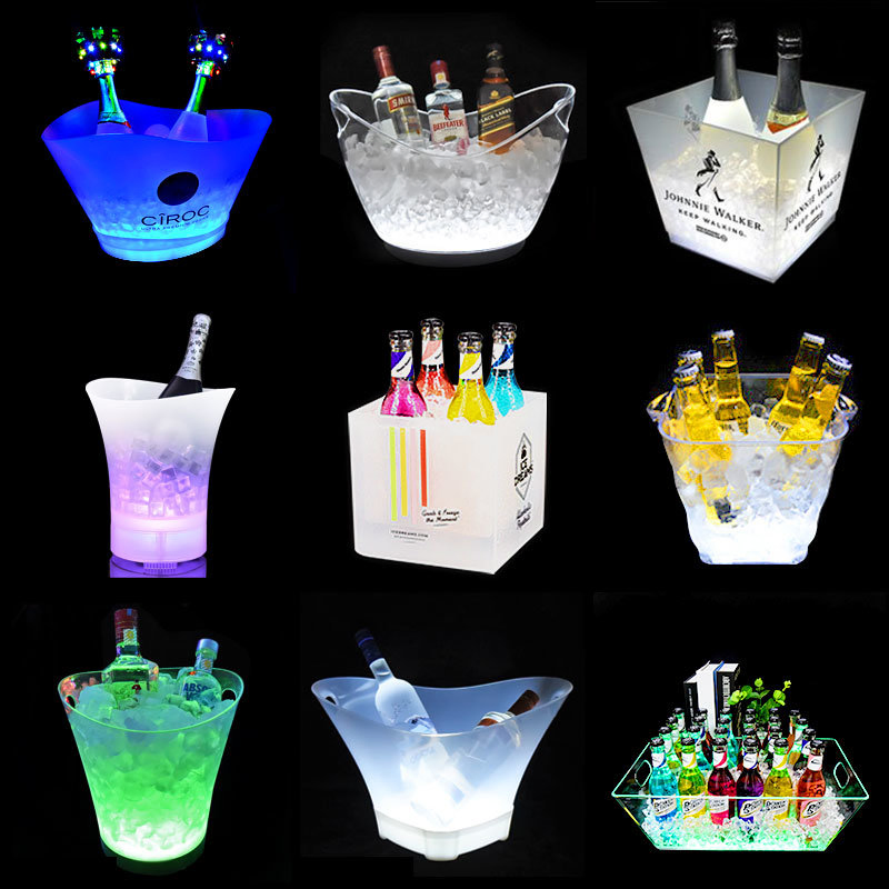 Custom Logo Print Wholesale Acrylic Beer Plastic Wine Ice Bucket Tongs with LED Light