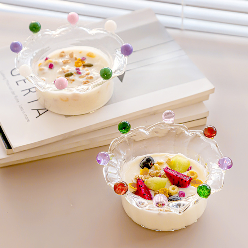 Glass Crown Bowl with Colorful Glass Beads for Decoration