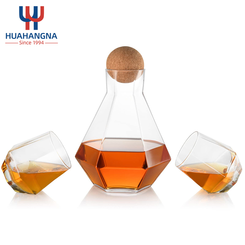 Stocked Colorful Crystal Decorated Pentagon Diamond Whiskey Glass Drinking Cup Set with Ball Wooden Lid