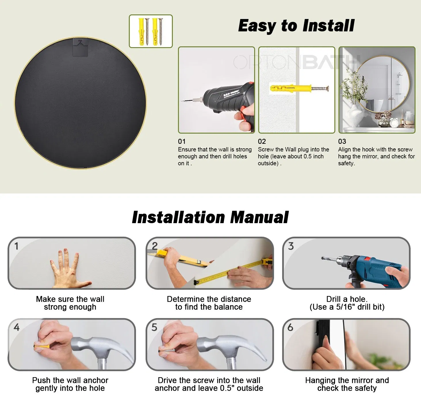 Ortonbath Designs Round Metal Mirror, Bathroom Vanity Wall Mirrors, Circle Mirror for Desk, Metal Framed Bedroom Mirror (30"/Gold)