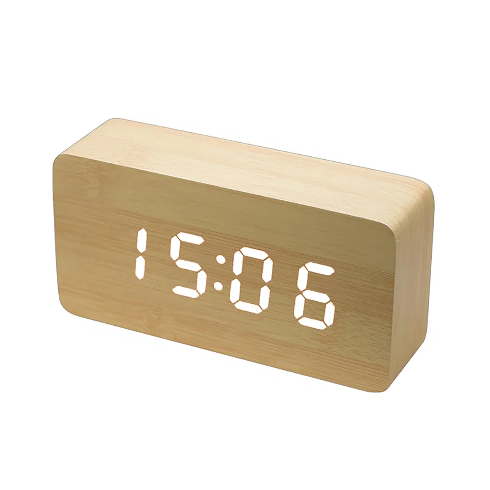 Table Decorative Wood LED Alarm Clock Temperature and Date Display