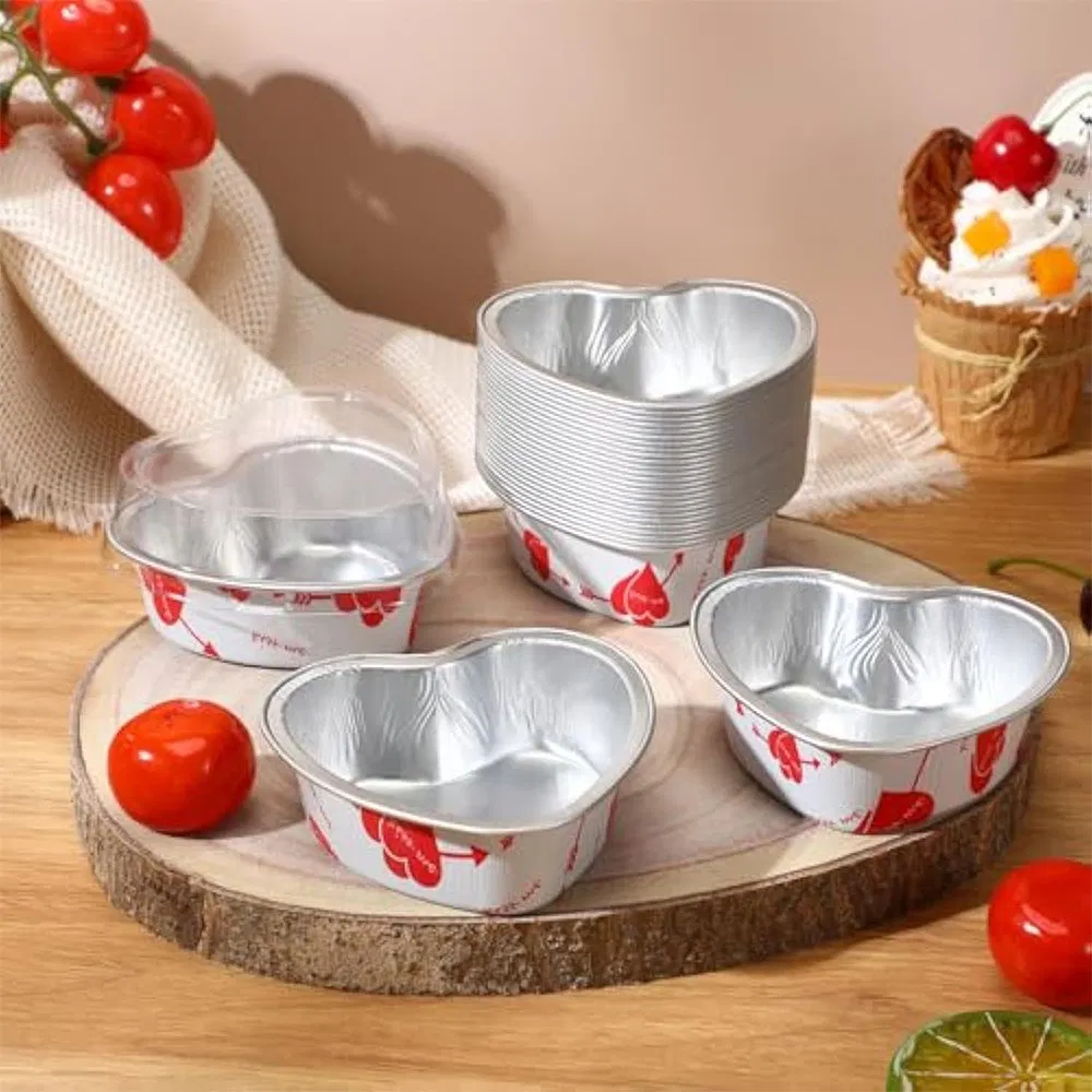 Customized Color Disposable Aluminum Foil Cake Mold Mini Baking Foil Plate Heart Shaped Cake Cup with Clear Lids