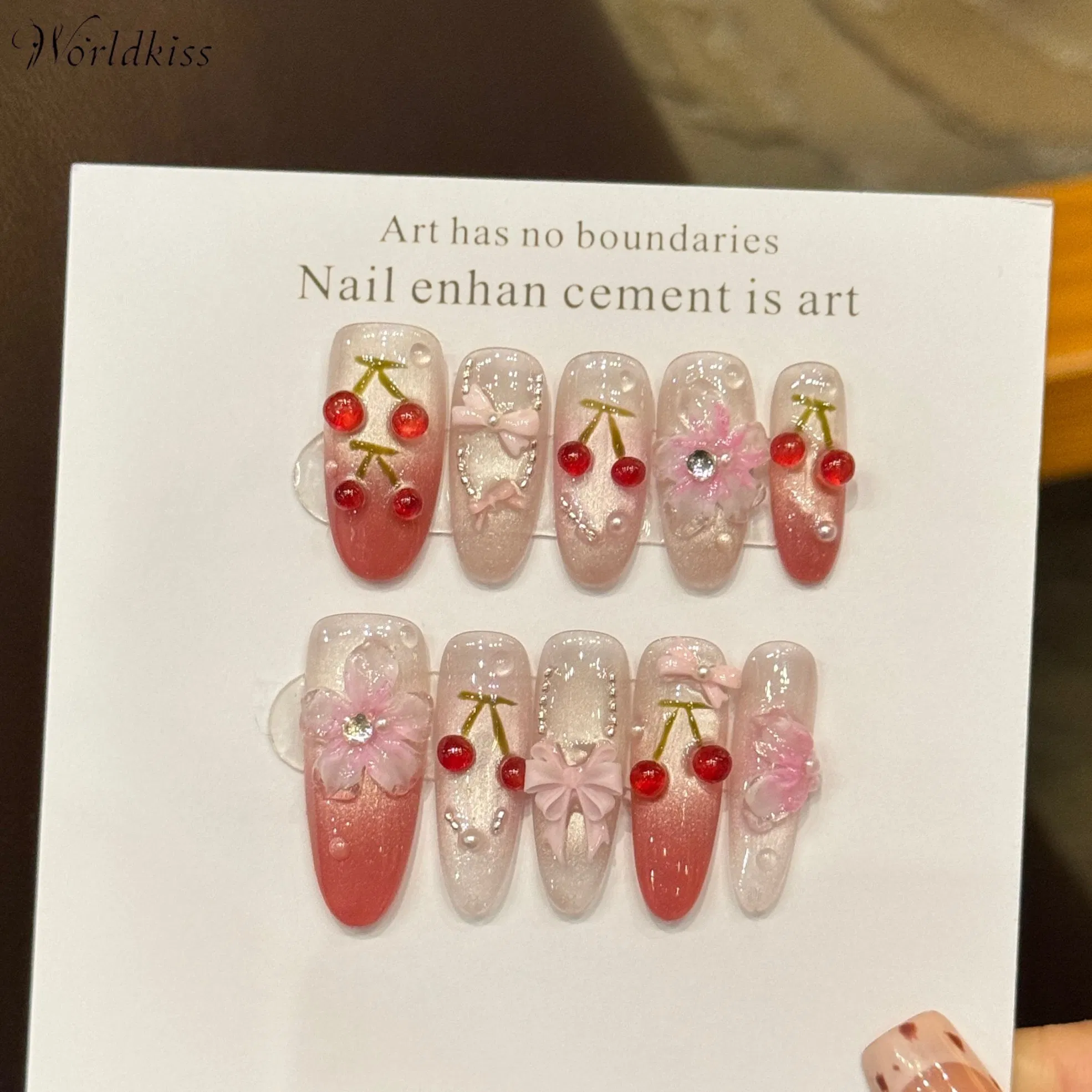 3D Cute Handmade Luxury French Cat Eye Pearl Almond Coffin Press Nails