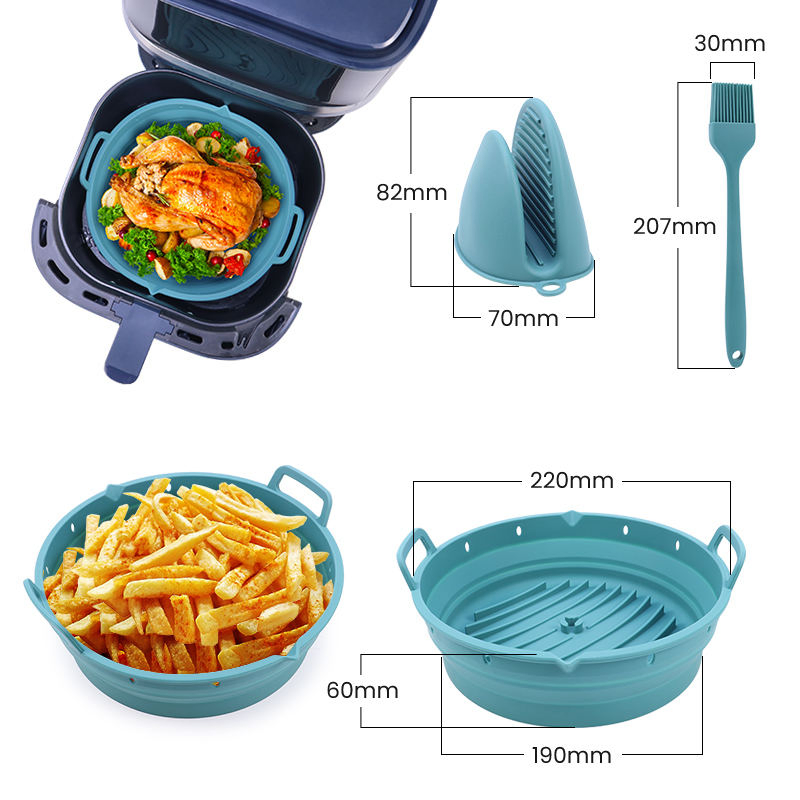 Food Grade Microwave Safe Foldable Nonstick Round Air Fryer Accessory Set Silicone Liners Pot with Oven Mitts and Pastry Oil Brush